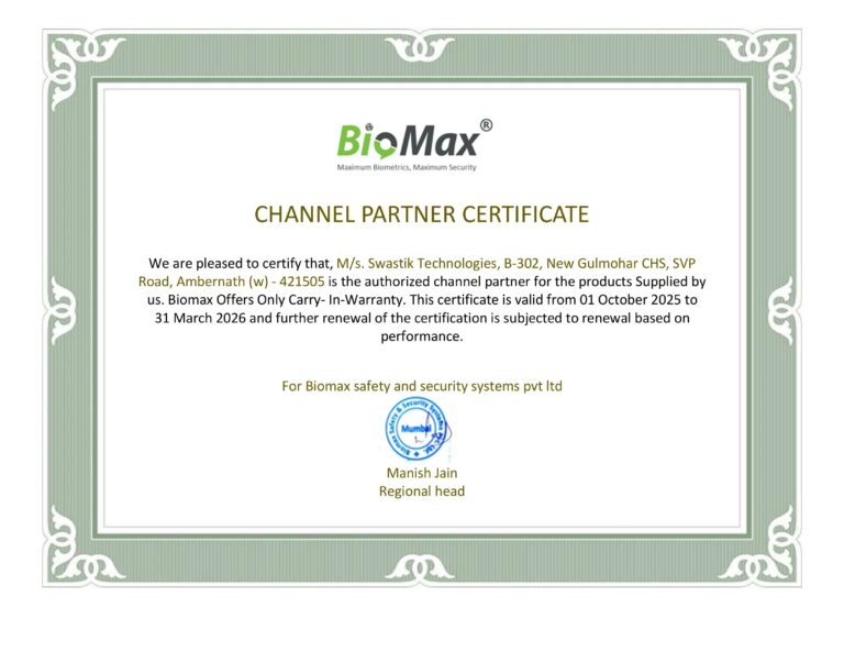 Authorised channel partner for Biomax Biometric machine